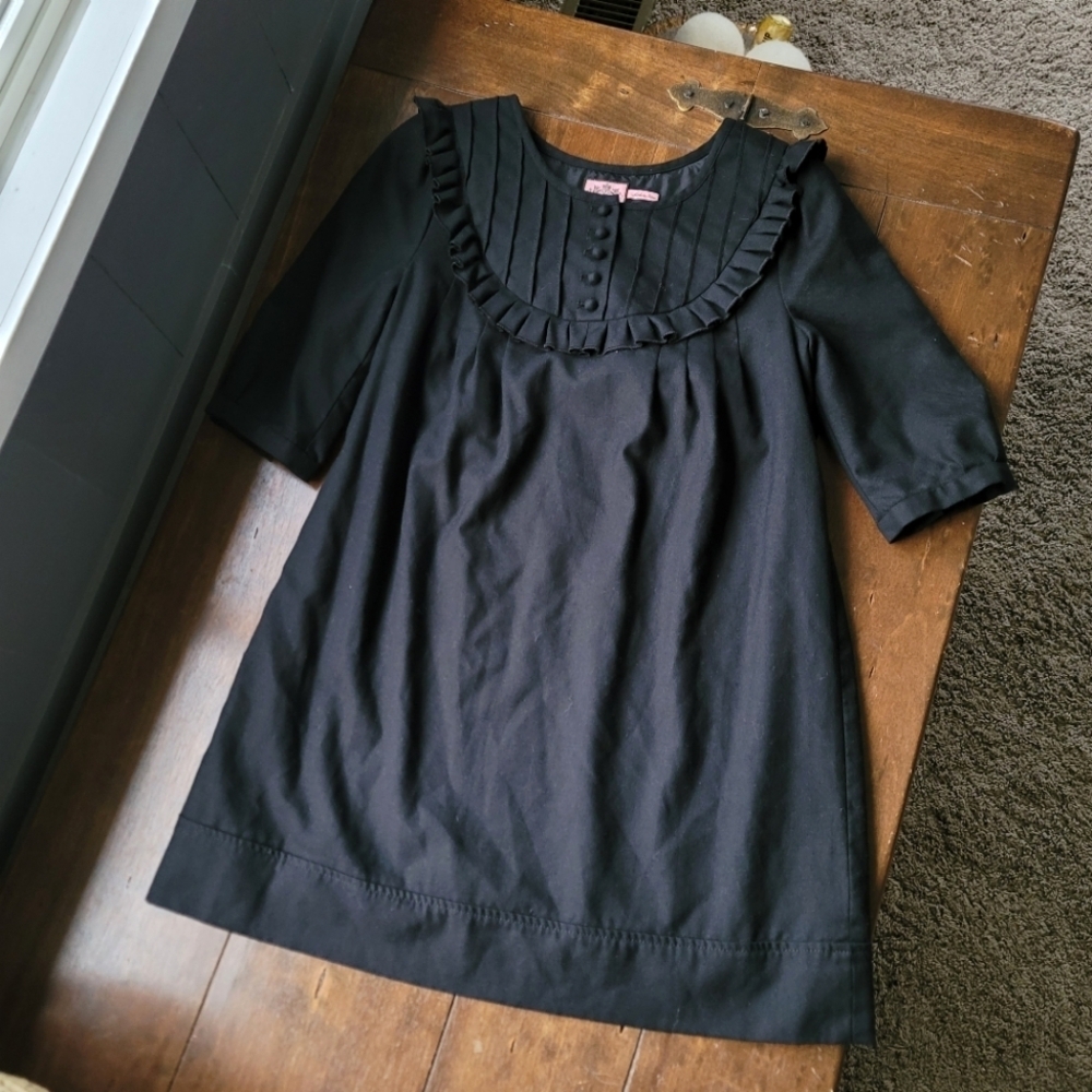 y2k Juicy Couture Wool Bib PintuckRuffle Babydoll Mini Dress sz 4 Black